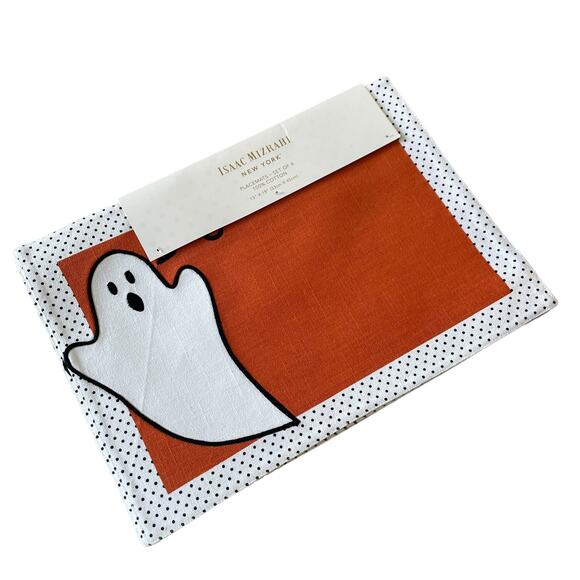 ISAAC MIZRAHI Halloween Ghost Placemats 13x19 Cotton White Orange Set of 4 New - Picture 2 of 12